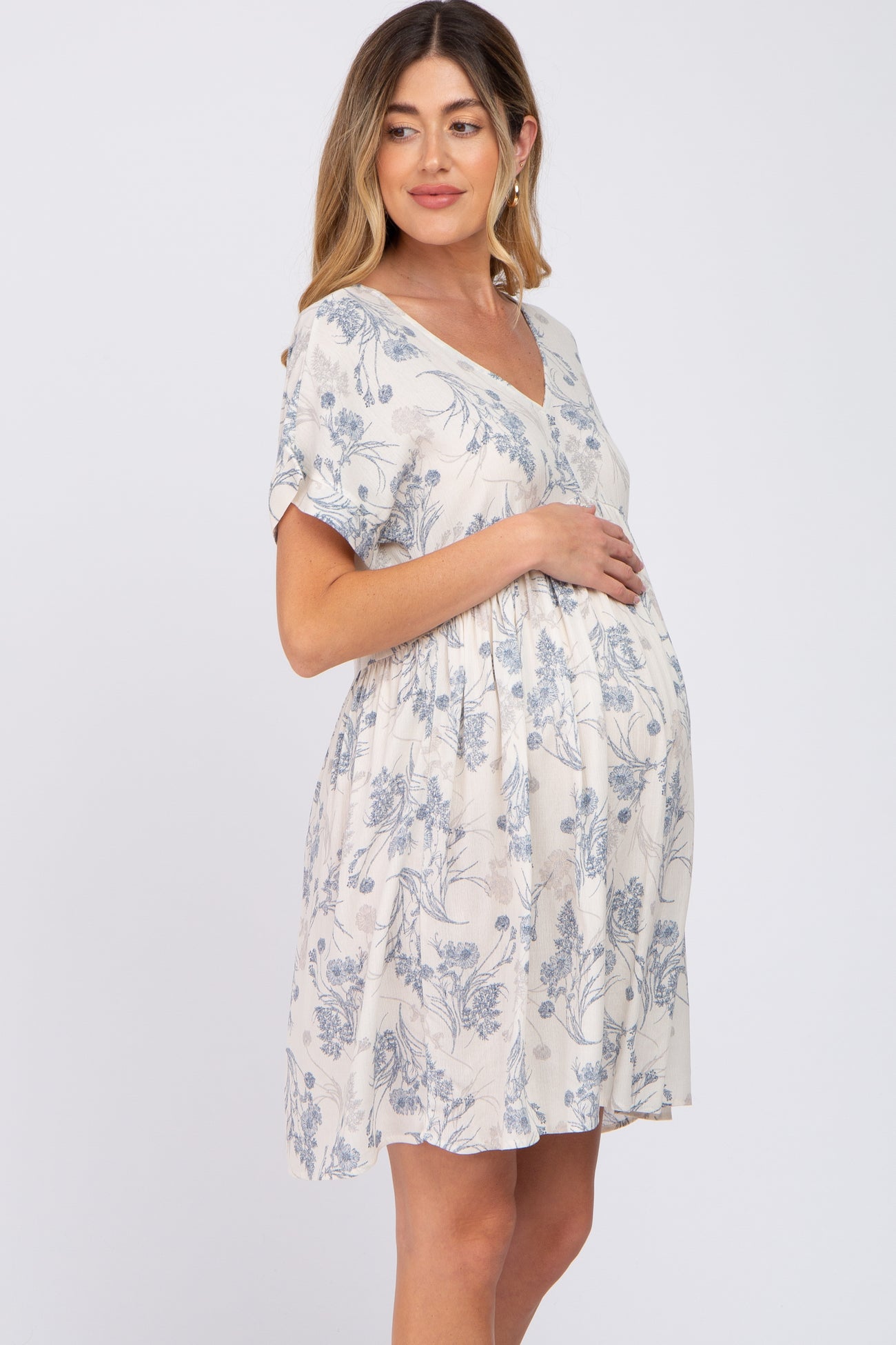Blue Floral V-Neck Maternity Dress