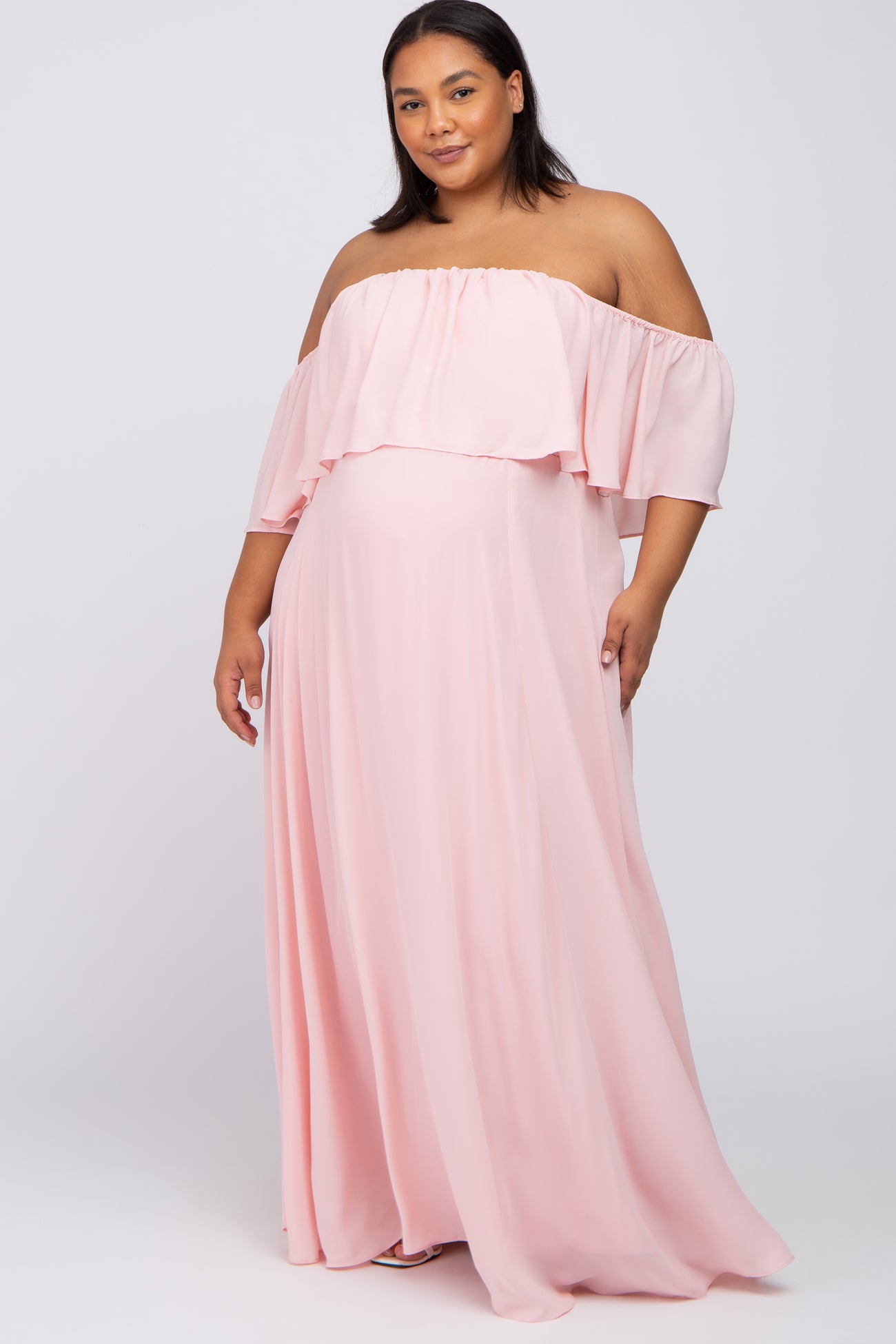 Light Pink Chiffon Off Shoulder Maternity Plus Gown
