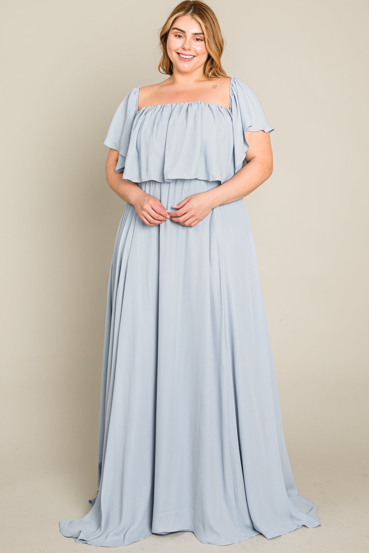 Light Blue Chiffon Off Shoulder Plus Gown