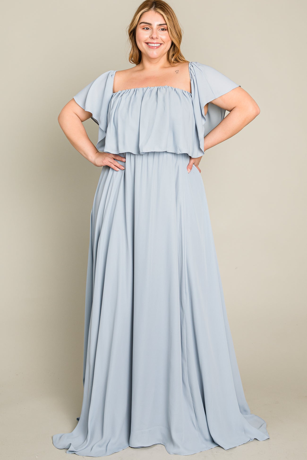 Light Blue Chiffon Off Shoulder Plus Gown