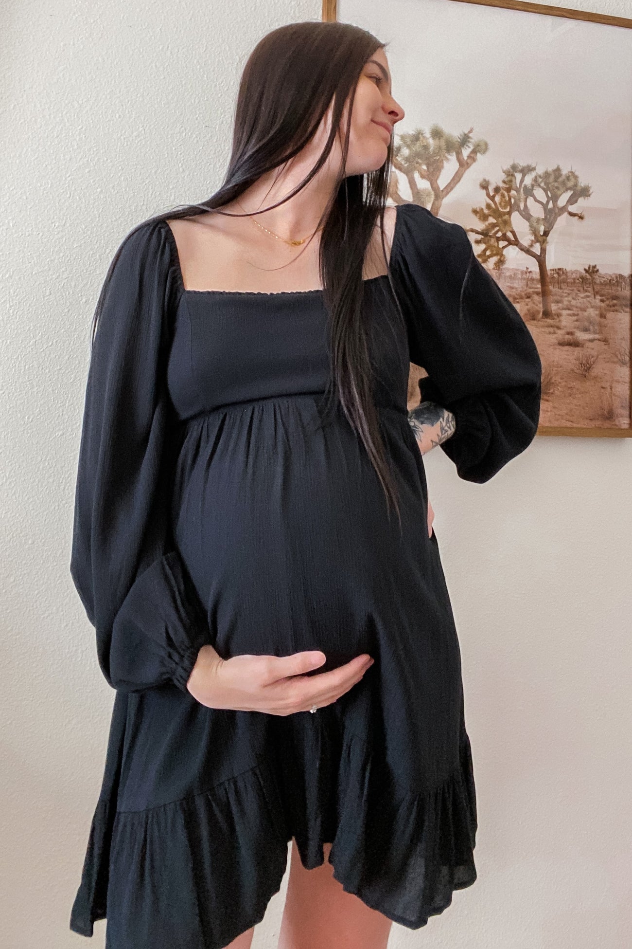 Black Long Sleeve Square Neck Maternity Dress