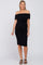 woman wearing a black off-the-shoulder maternity dress with a tie waist and a visible baby bump