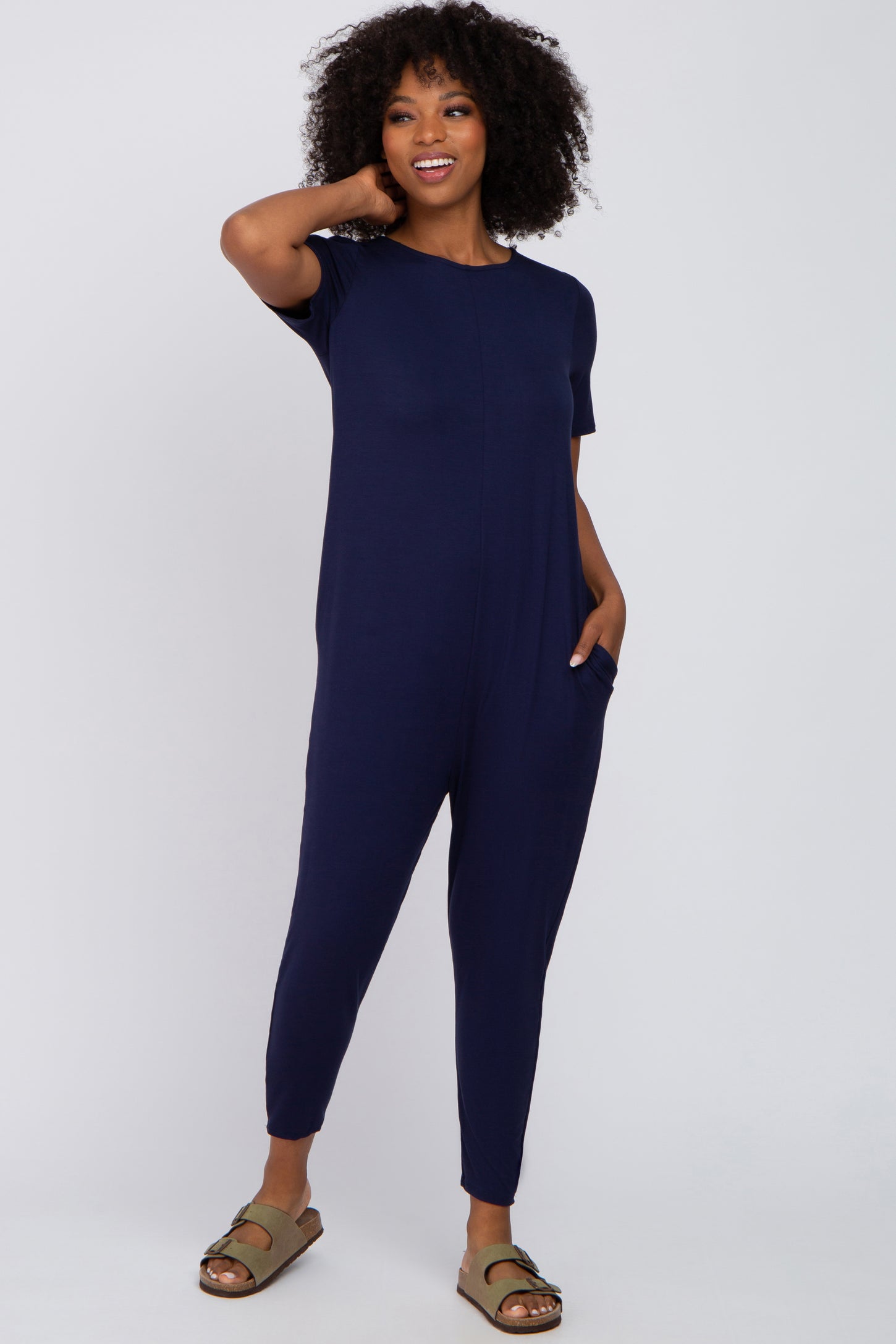 Navy Blue Basic Short Sleeve Maternity Jumpsuit