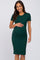 Smiling pregnant woman wearing a short sleeve dark green ribbed maternity midi dress