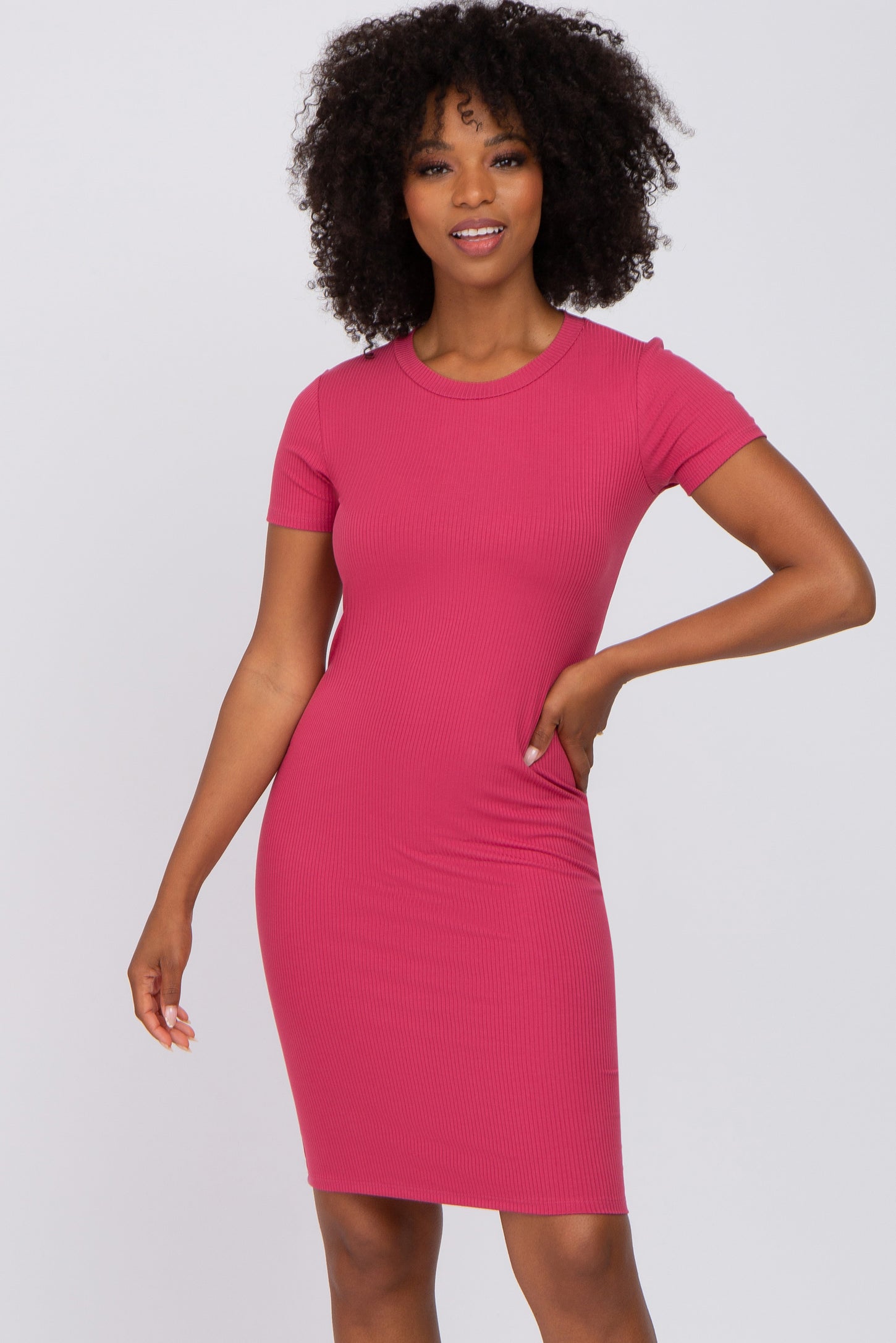 Magenta Ribbed Fitted Maternity Dress
