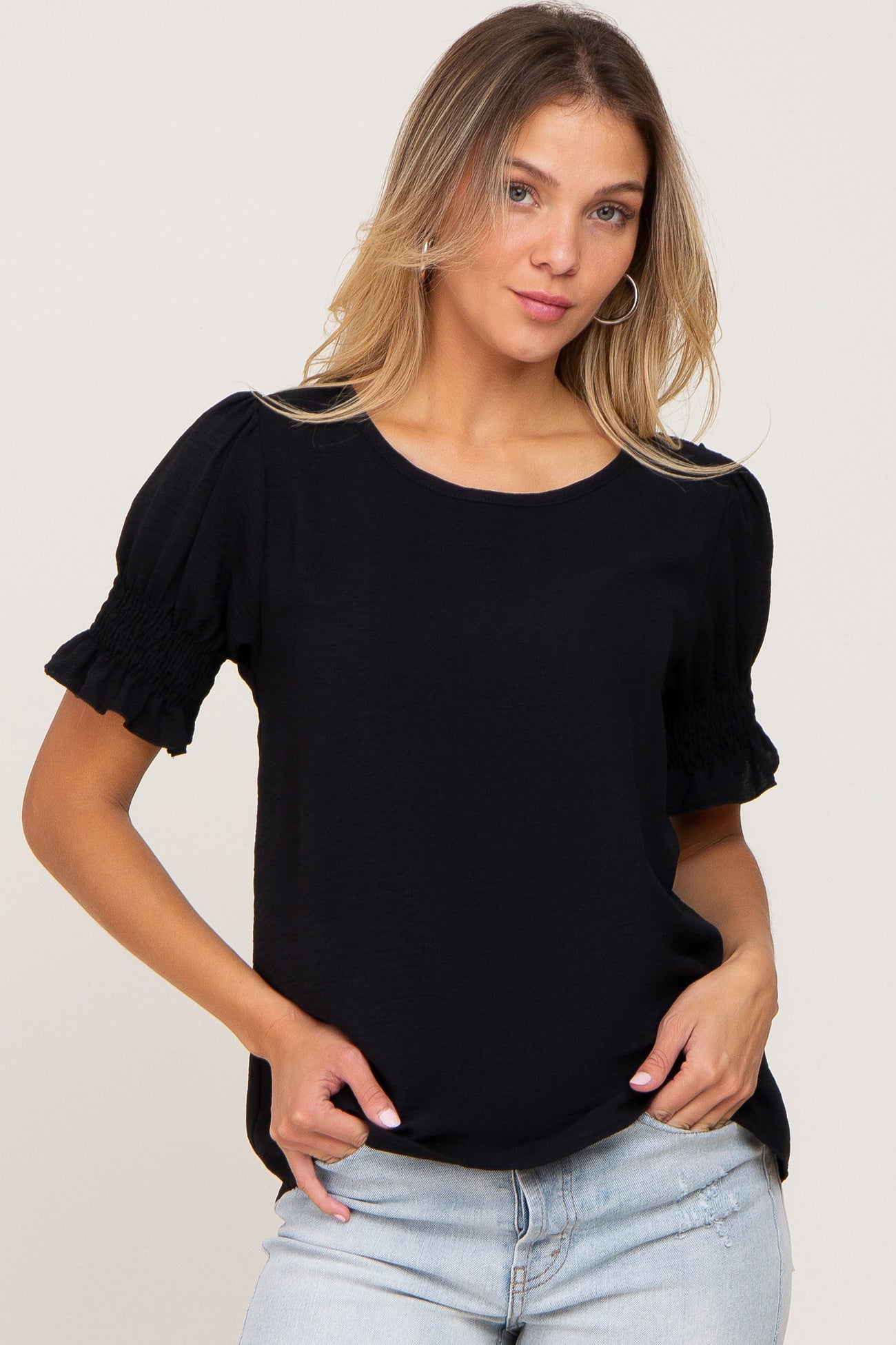 Black Smocked Puff Sleeve Blouse
