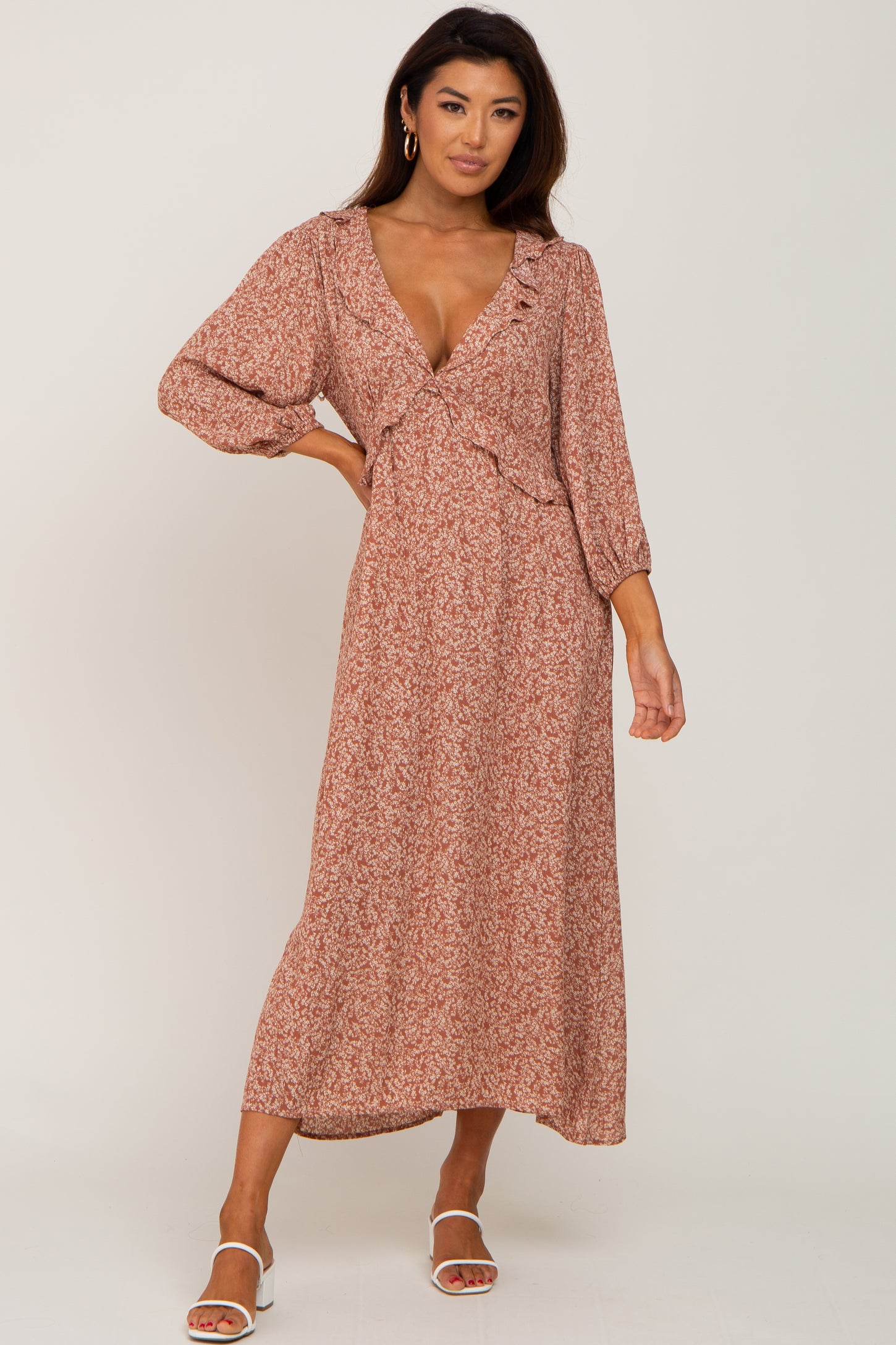 Rust Floral Ruffle V-Neck Maternity Midi Dress