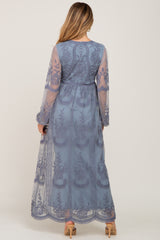 PinkBlush Blue Grey Lace Mesh Overlay Long Sleeve Maternity Maxi Dress