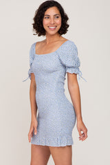 Light Blue Floral Smocked Short Puff Sleeve Mini Dress