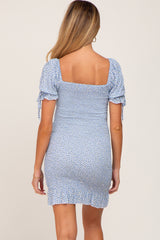 Light Blue Floral Smocked Short Puff Sleeve Maternity Mini Dress