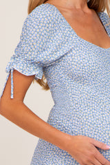 Light Blue Floral Smocked Short Puff Sleeve Maternity Mini Dress