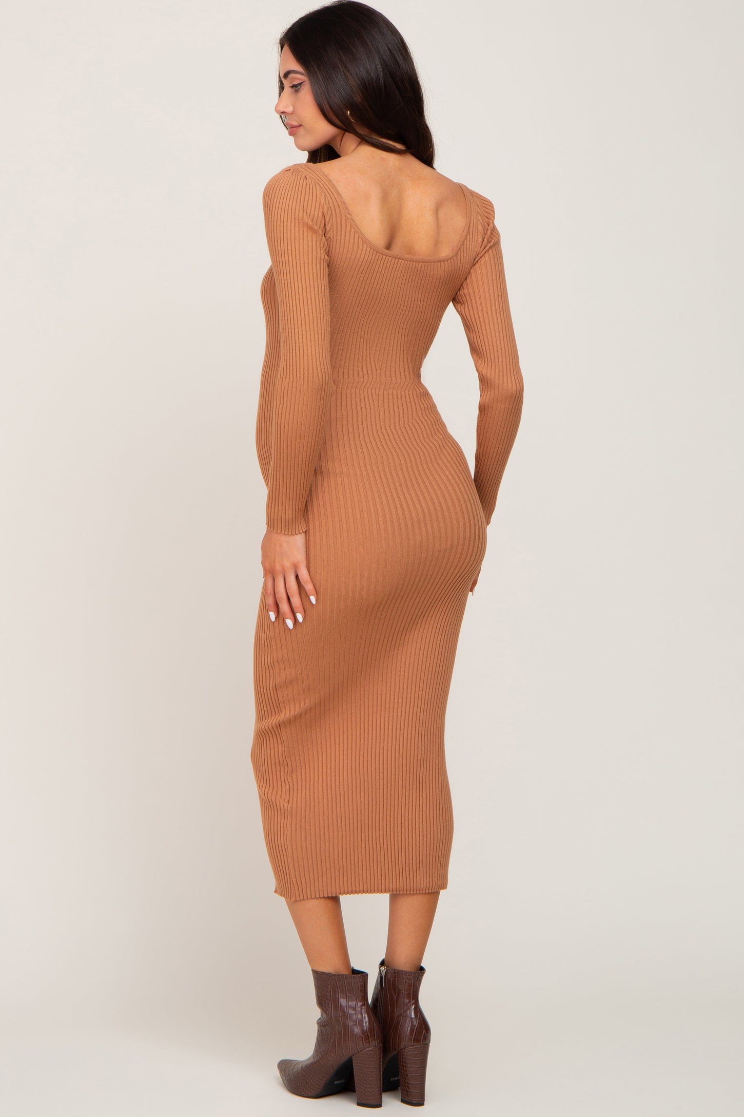 Camel Ribbed Button Accent Long Sleeve Maternity Dress