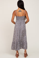 Grey Floral Sleeveless Button Front Dress