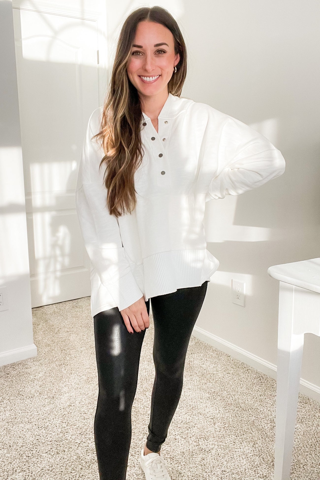White Button Front Ribbed Trim Hooded Sweatshirt