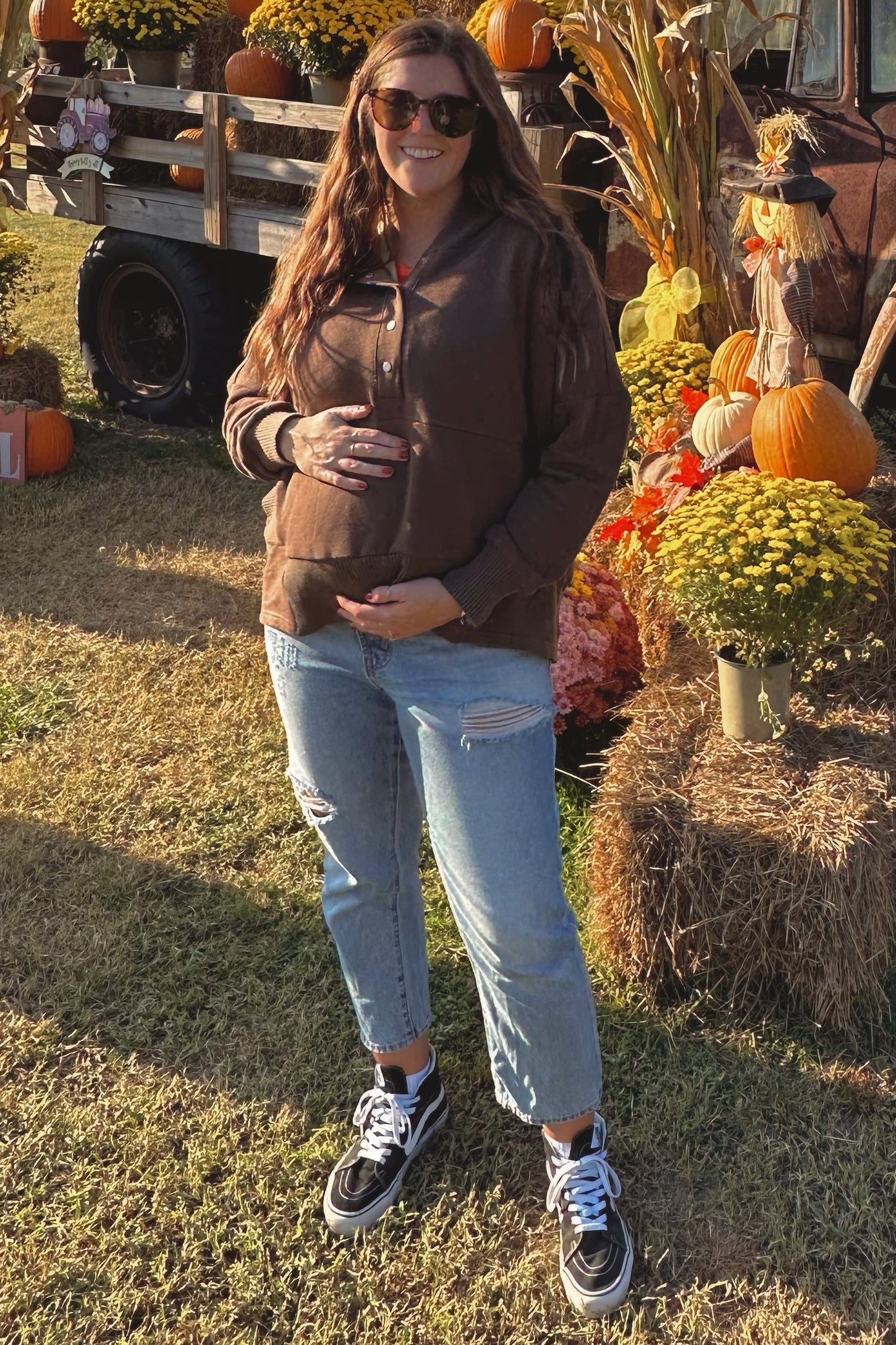 Brown Button Front Ribbed Trim Hooded Maternity Sweatshirt