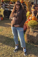 Brown Button Front Ribbed Trim Hooded Maternity Sweatshirt
