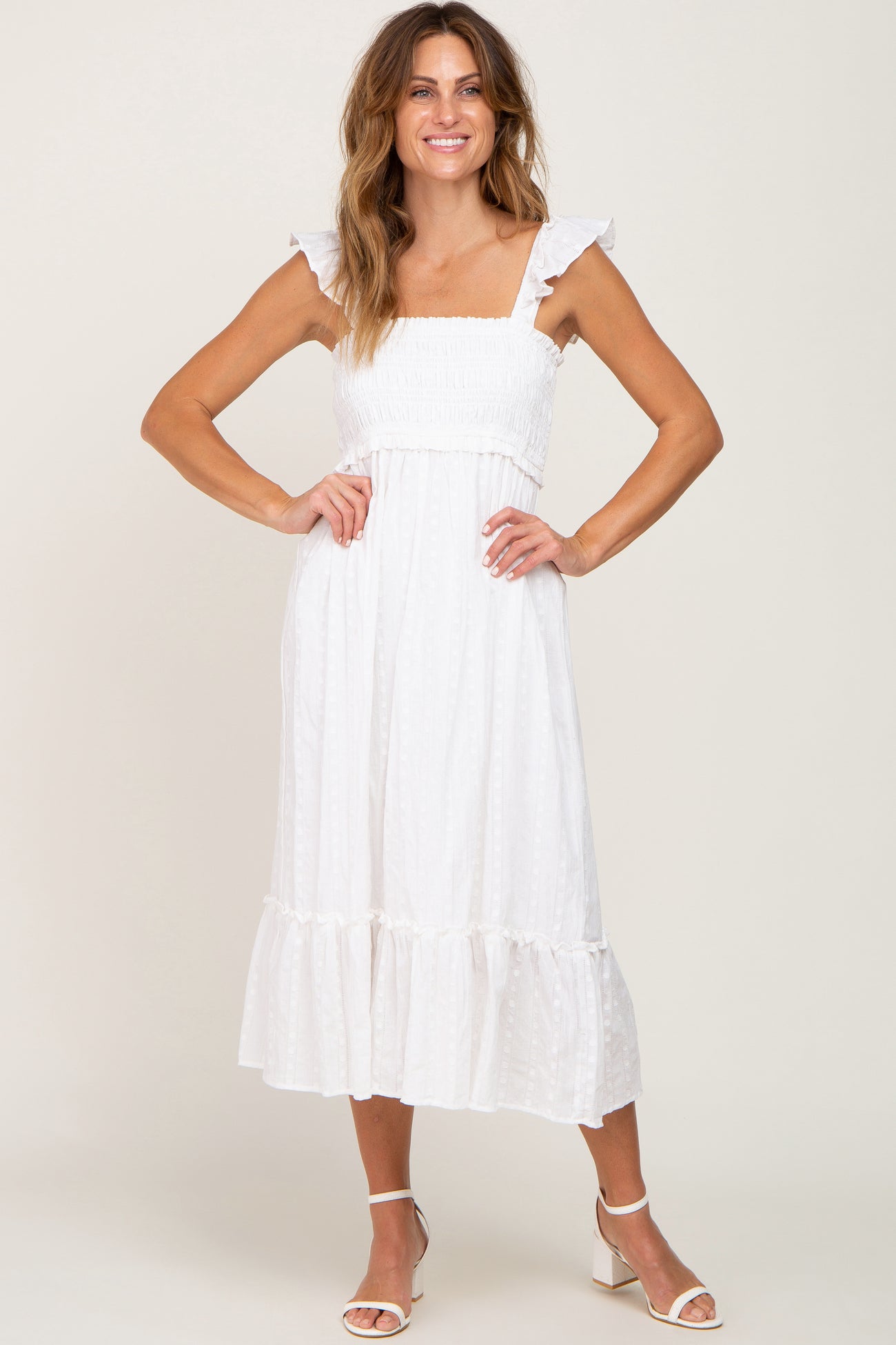 White Smocked Textured Maternity Midi Dress