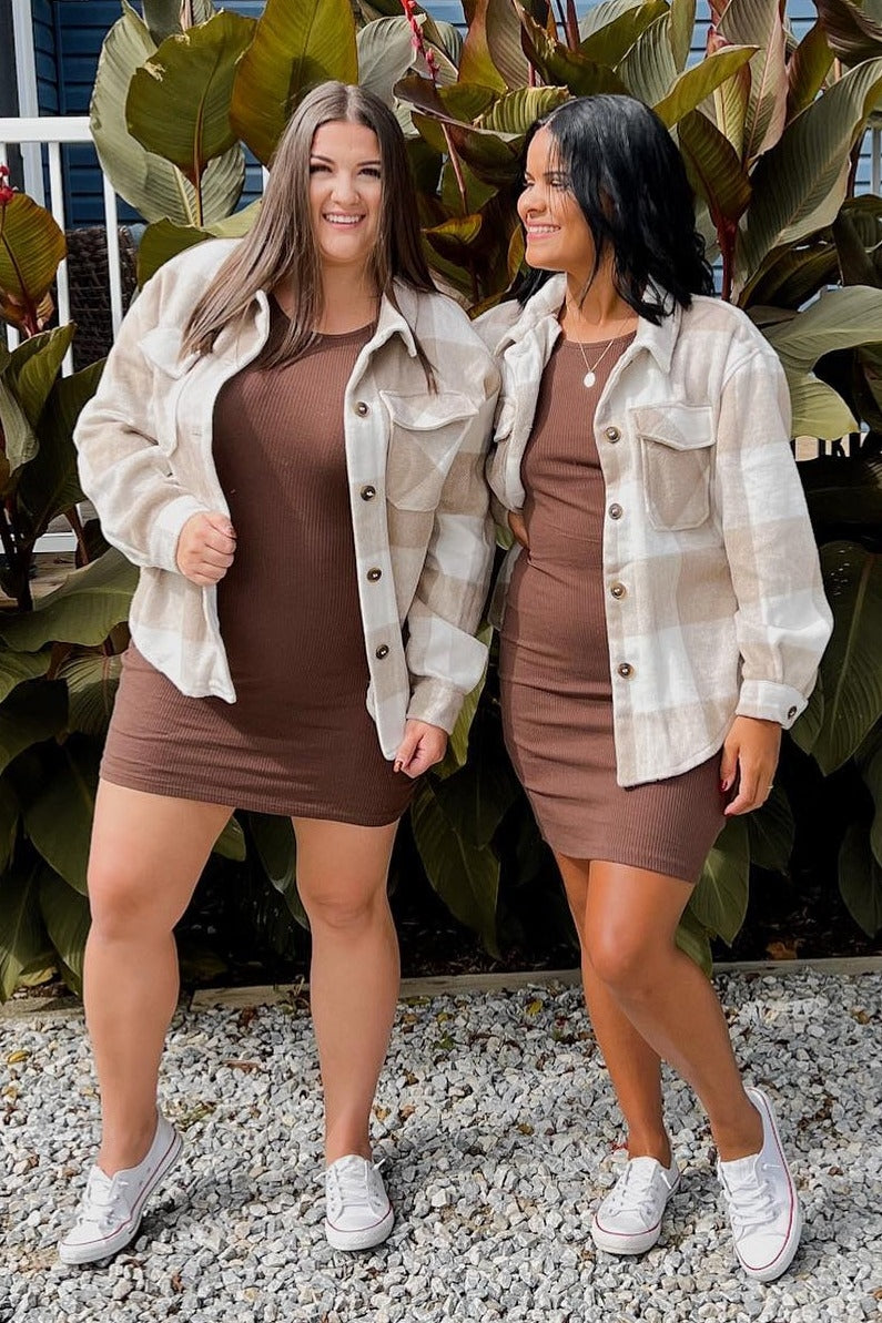 Beige Plaid Knit Shirt Jacket