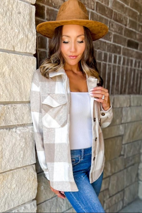 Beige Plaid Knit Shirt Jacket