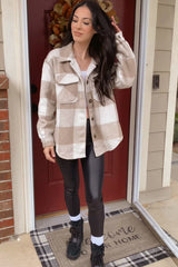 Beige Plaid Knit Shirt Jacket