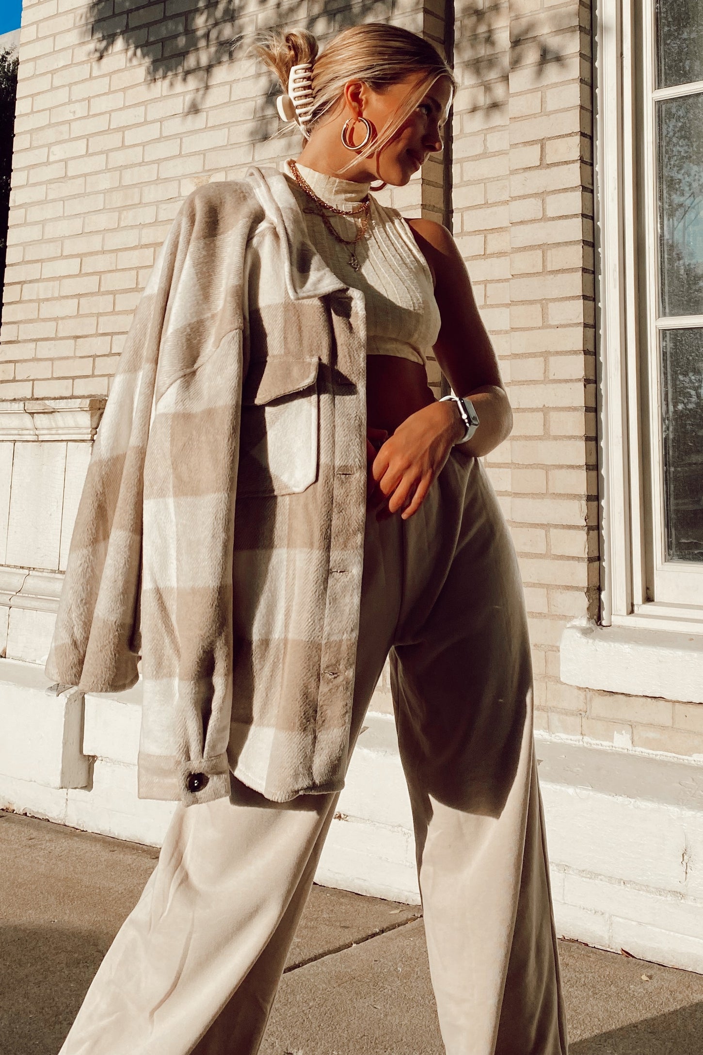 Beige Plaid Knit Shirt Jacket