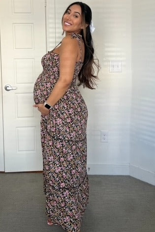 Black Multi-Color Floral Sleeveless Tiered Maternity Maxi Dress
