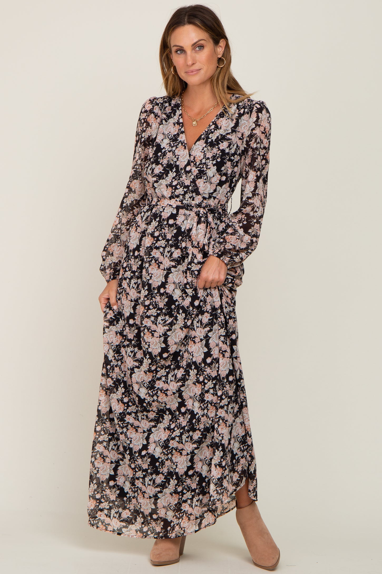 Black Floral Chiffon Maxi Dress
