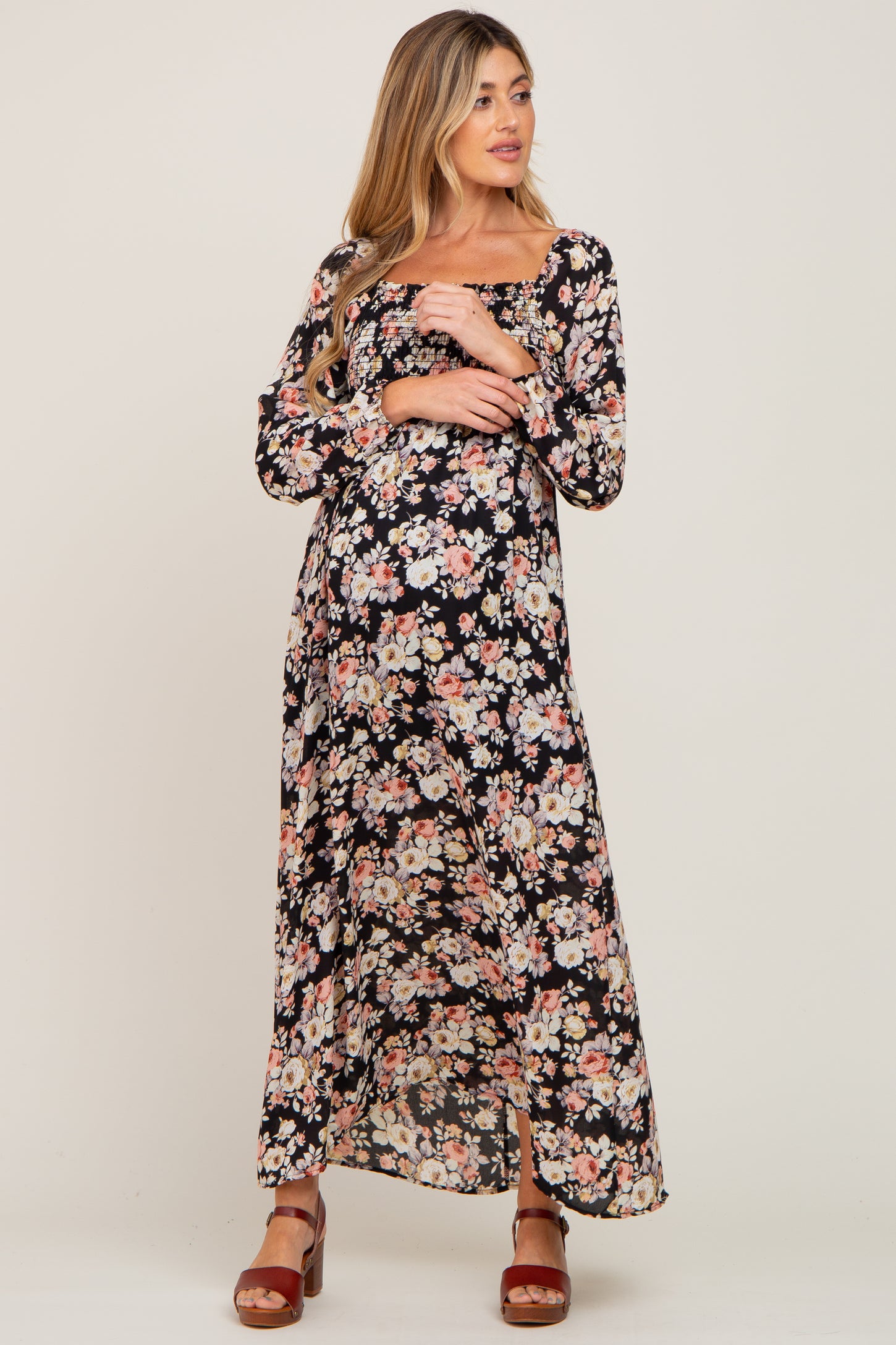 Black Floral Smocked Maternity Midi Dress