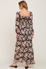 Black Floral Smocked Midi Dress