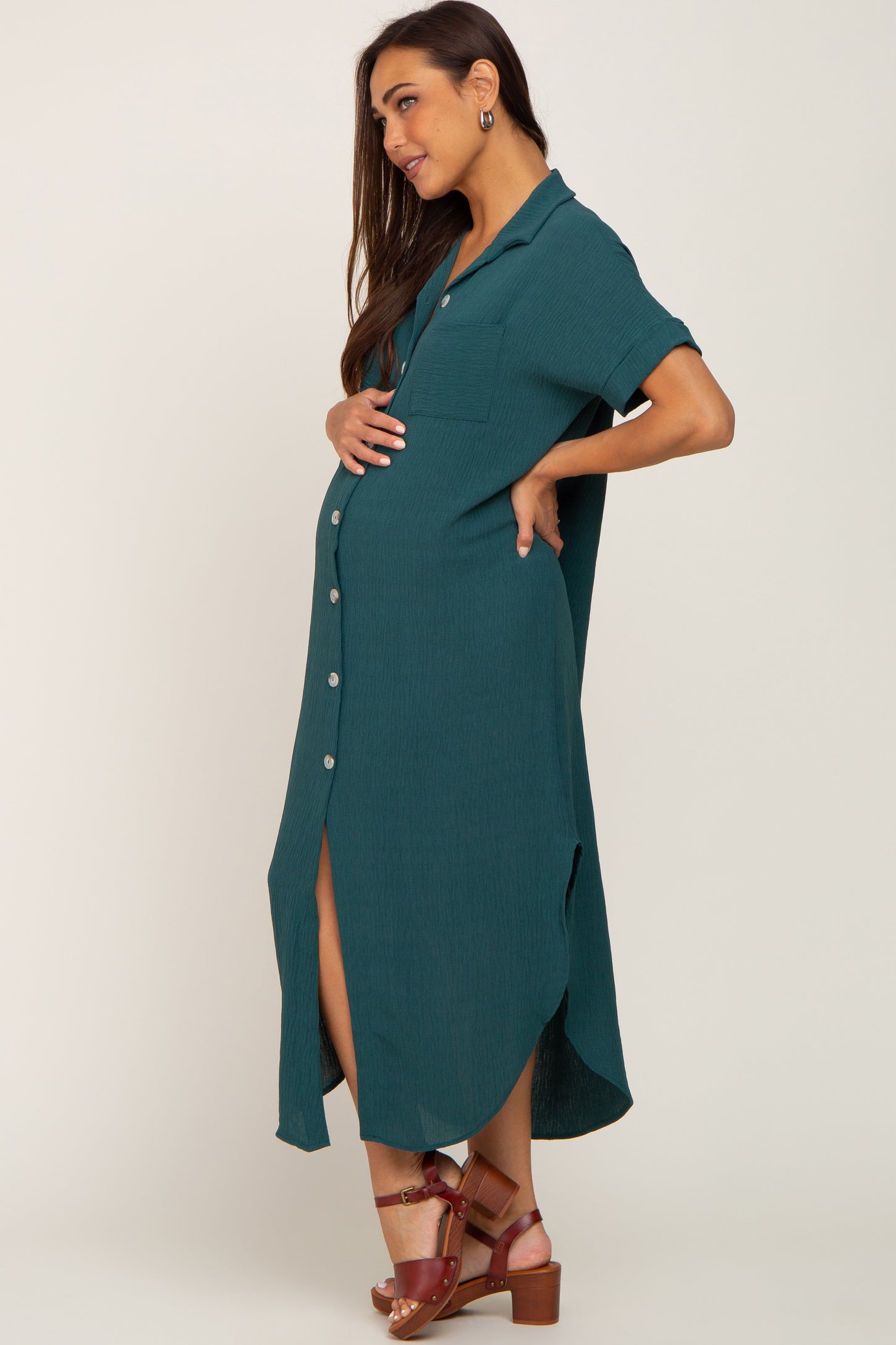 Forest Green Button Down Hi Low Maternity Maxi Dress