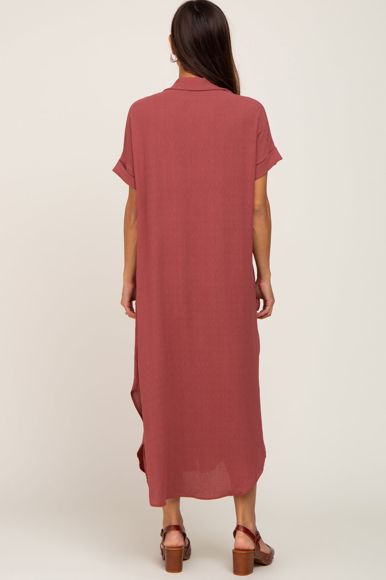 Rust Button Down Hi Low Maternity Maxi Dress