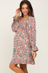 Burgundy Floral Smocked Ruffle Accent Maternity Dress