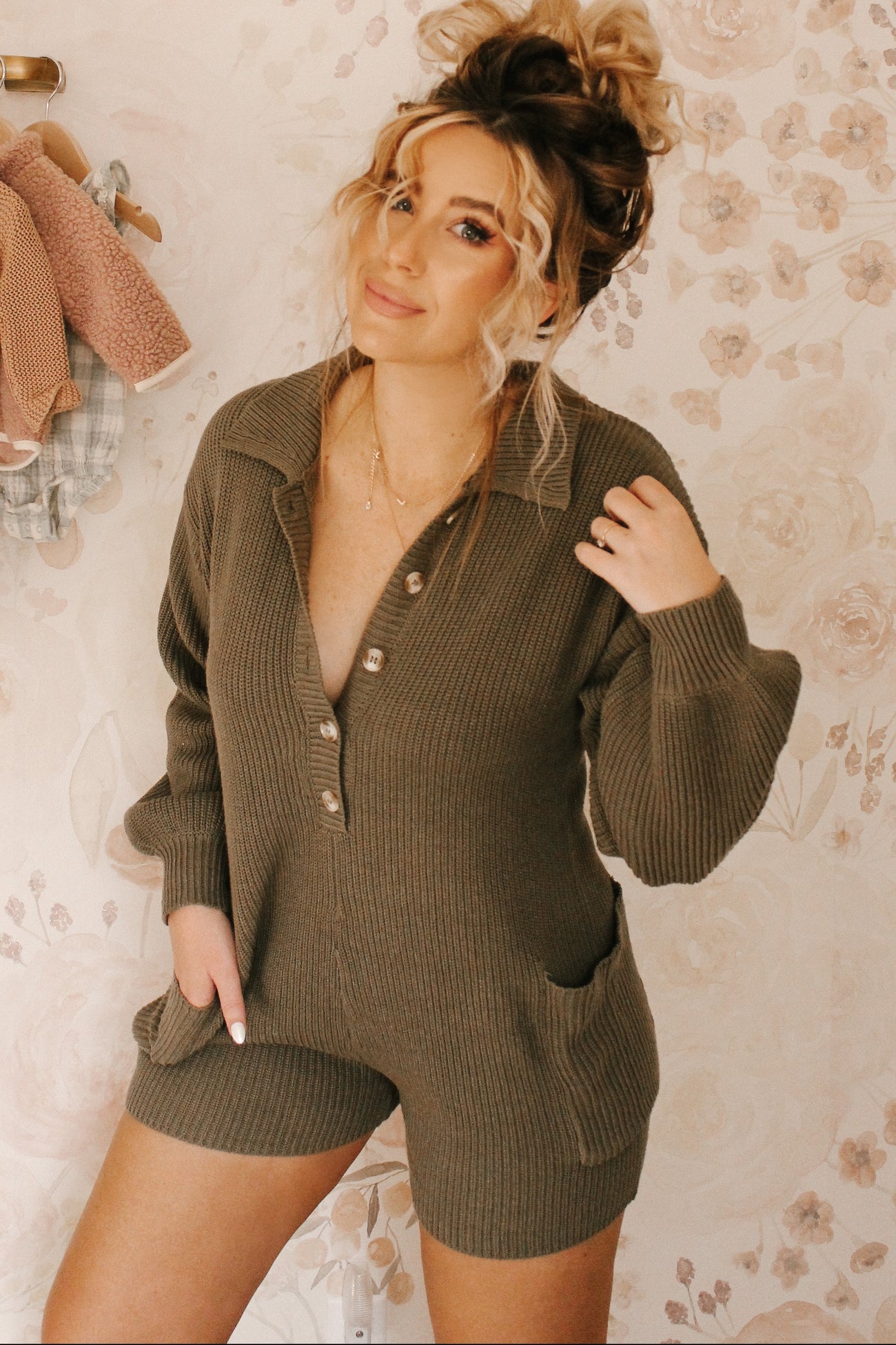 Olive Button Down Maternity Sweater Romper