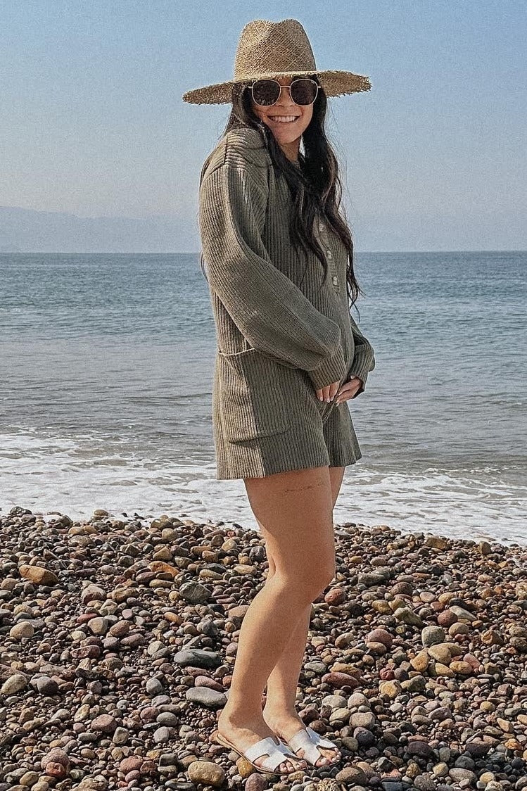 Olive Button Down Maternity Sweater Romper