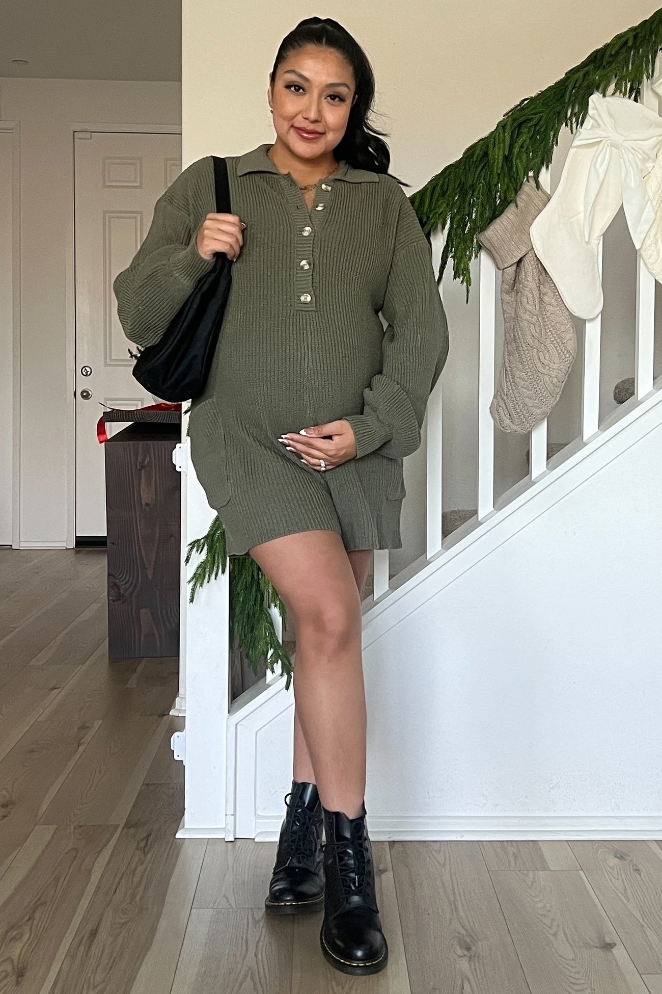 Olive Button Down Maternity Sweater Romper