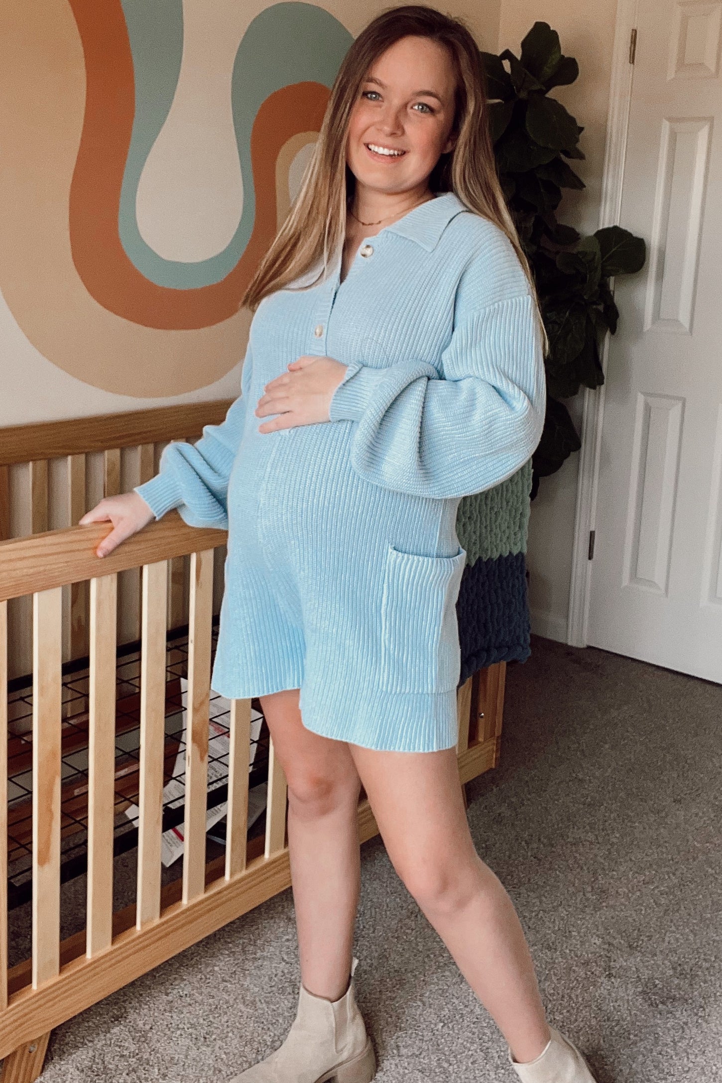 Light Blue Button Down Maternity Sweater Romper