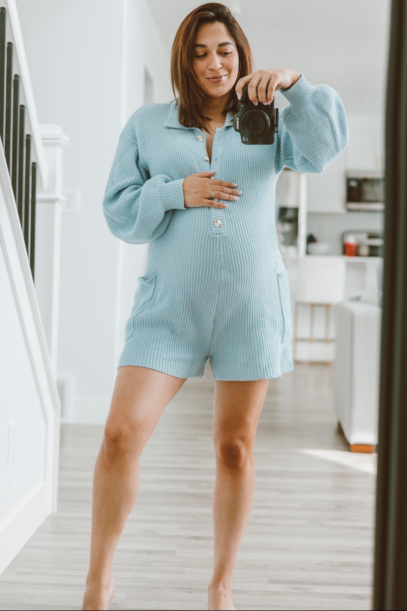 Light Blue Button Down Maternity Sweater Romper