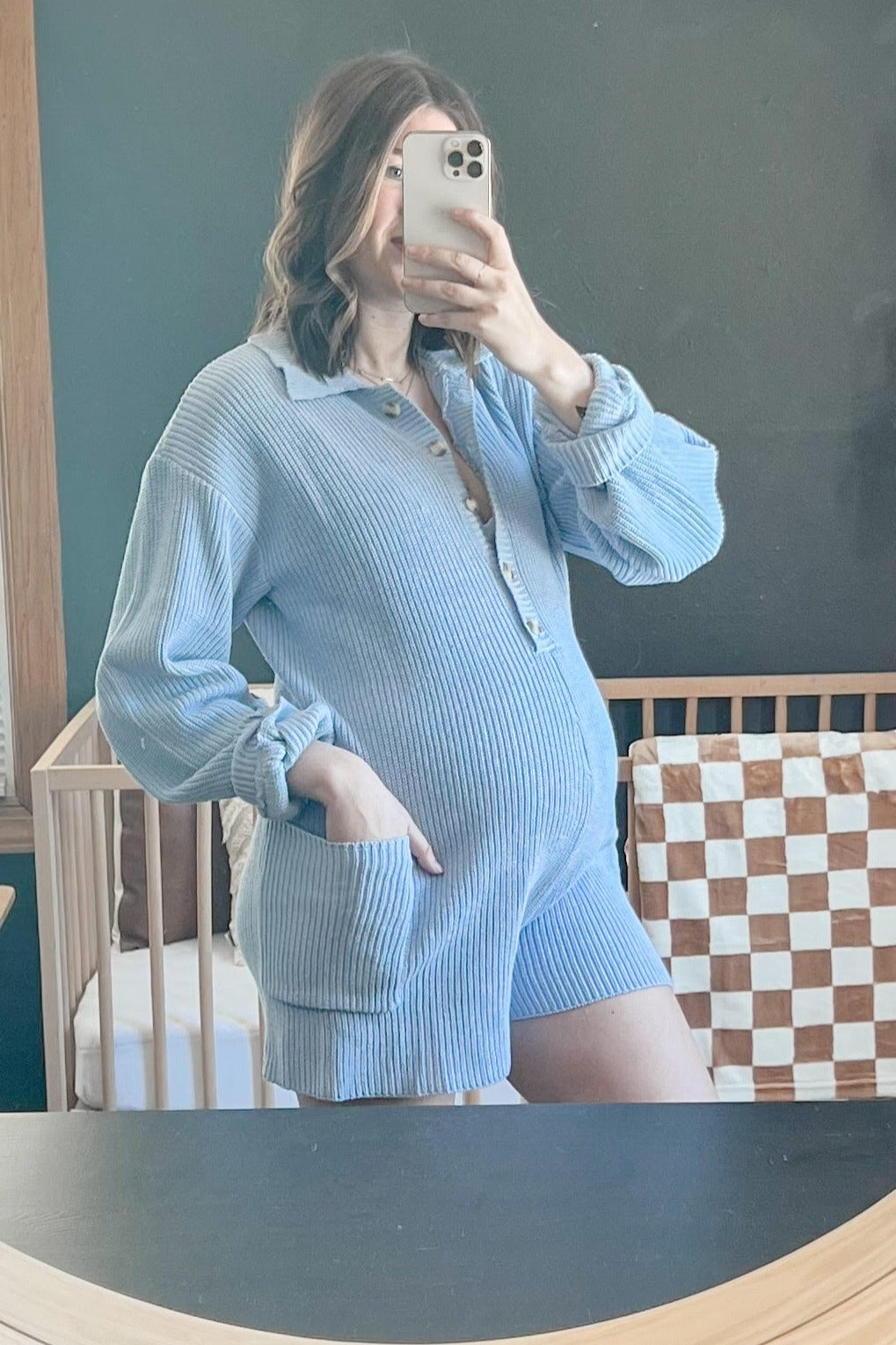 Light Blue Button Down Maternity Sweater Romper