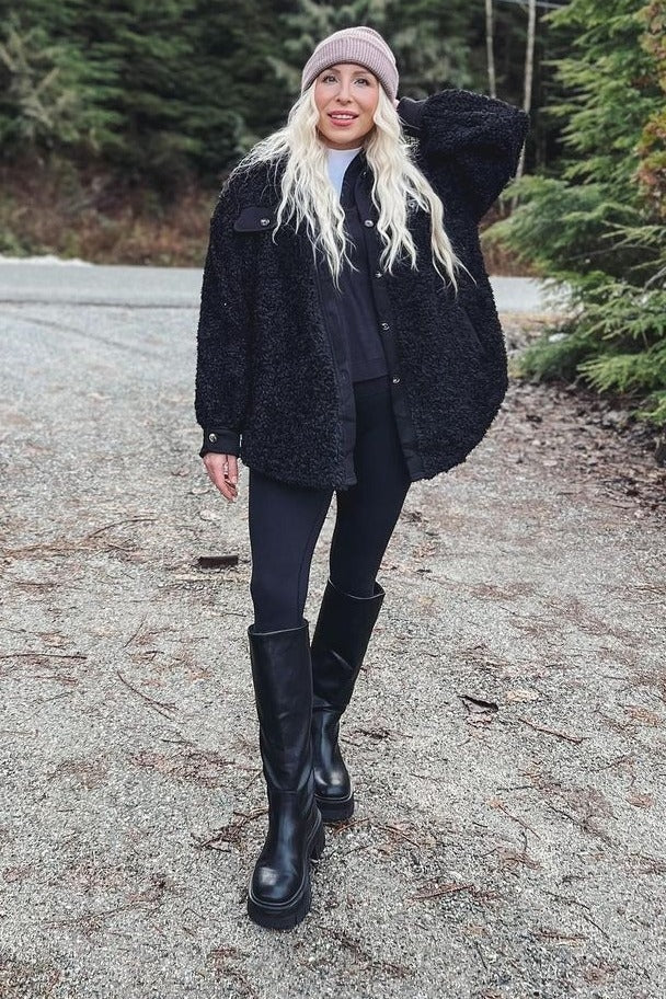 Black Contrast Oversized Sherpa Coat