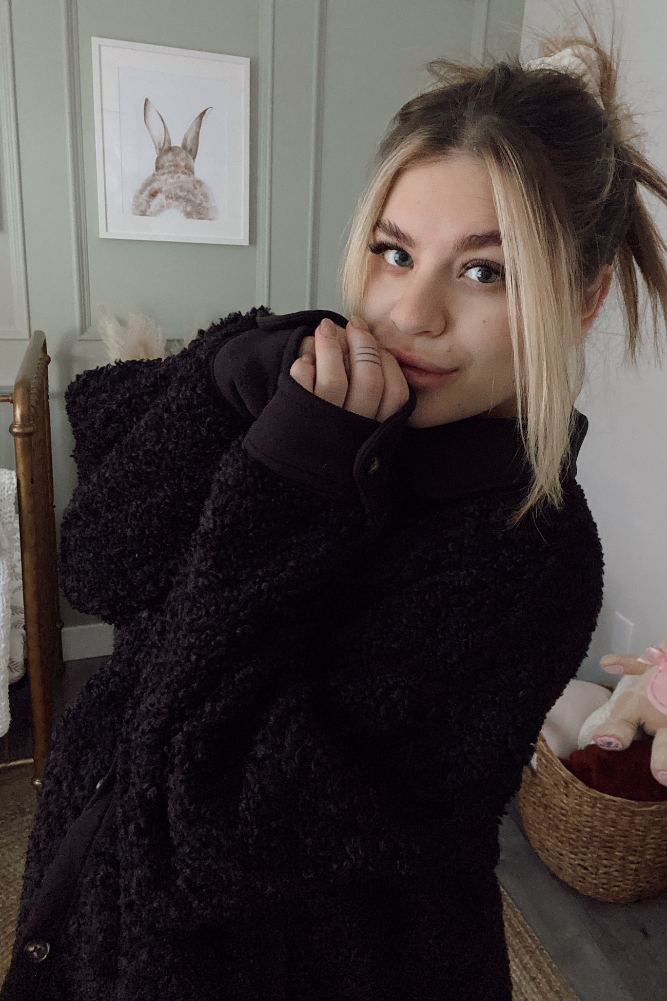 Black Contrast Oversized Sherpa Maternity Coat