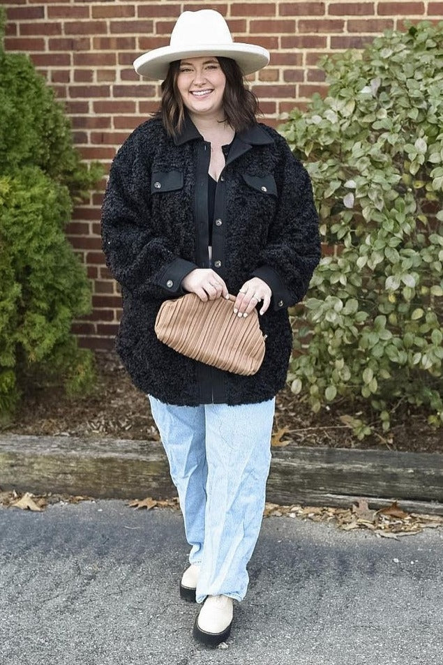 Black Contrast Oversized Sherpa Coat