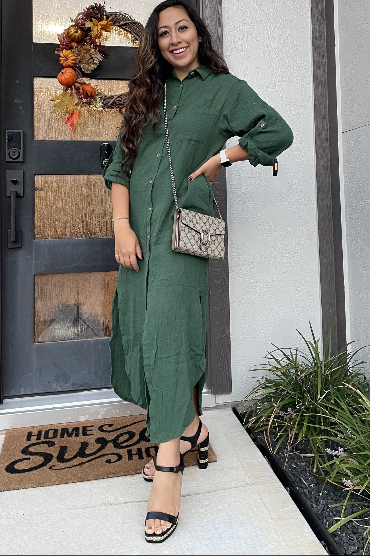 Forest Green Button Down 3/4 Sleeve Midi Dress