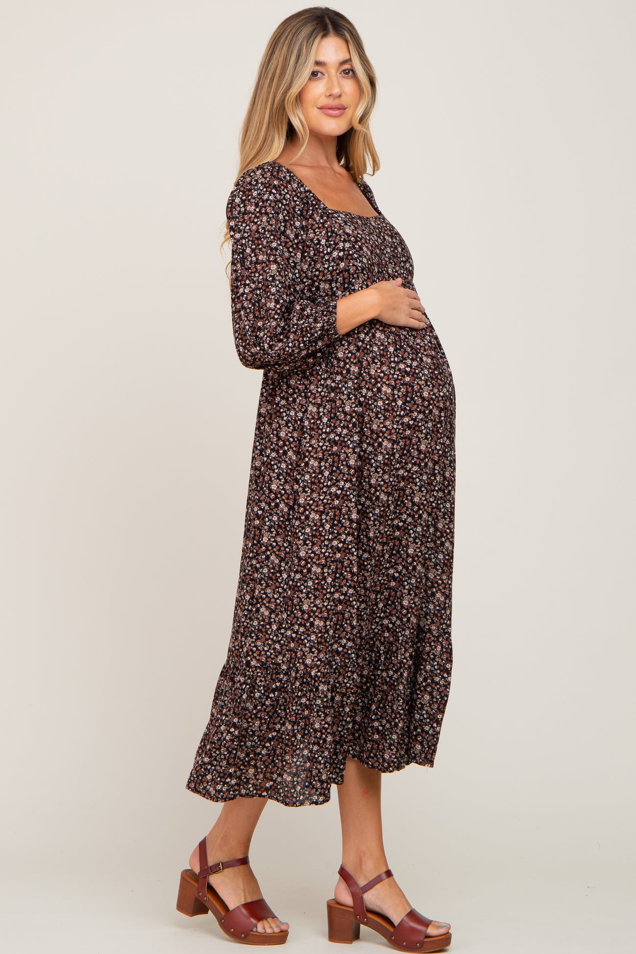 Black Floral 3/4 Sleeve Maternity Midi Dress