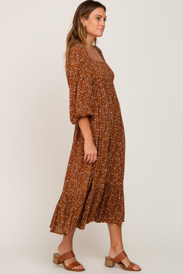 Camel Floral 3/4 Sleeve Midi Dress