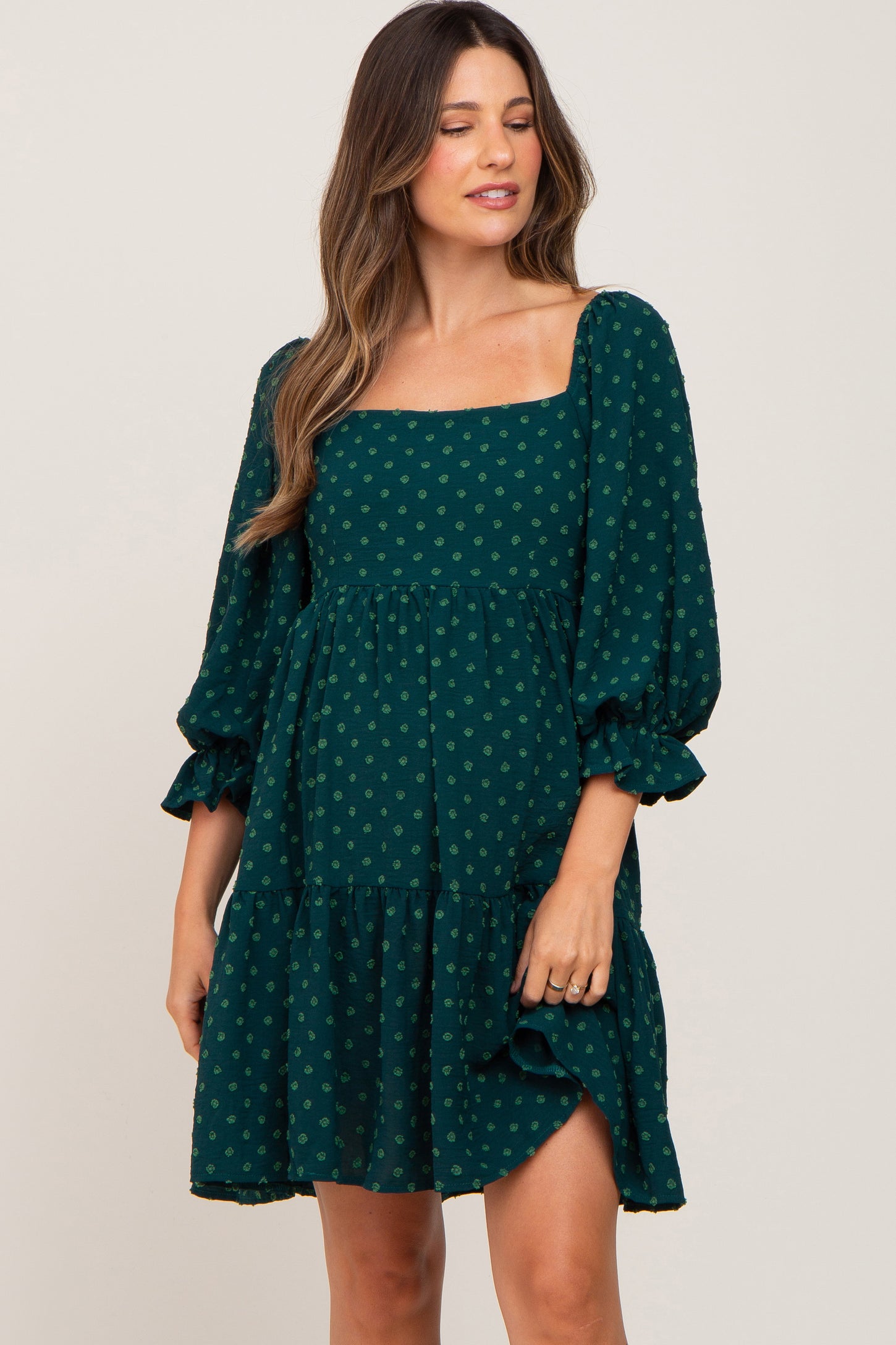 Forest Green Swiss Dot 3/4 Sleeve Maternity Dress
