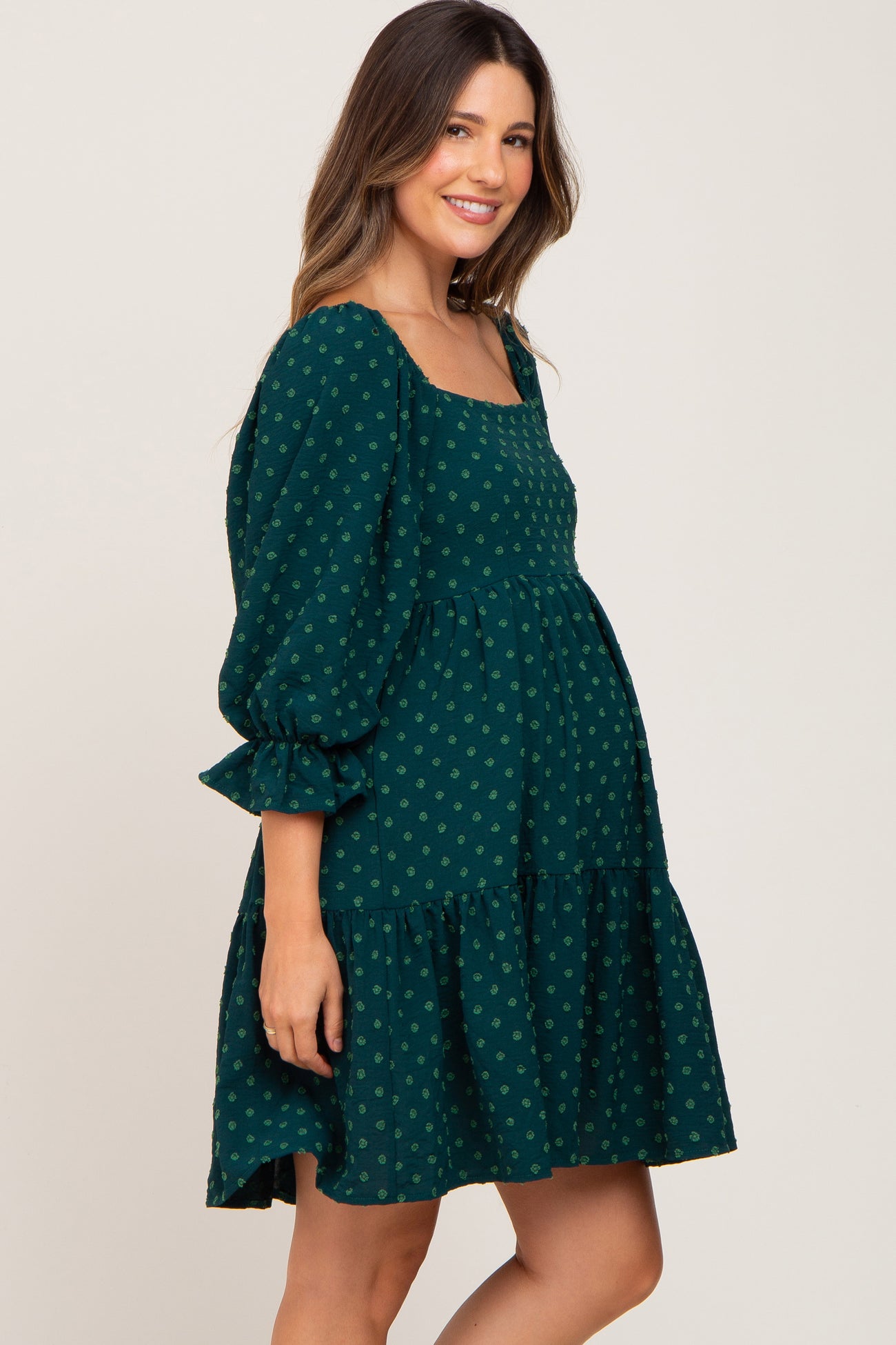 Forest Green Swiss Dot 3/4 Sleeve Maternity Dress