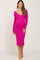 pregnant woman wearing a long sleeve fuchsia ribbed maternity midi dress with a v-neckline