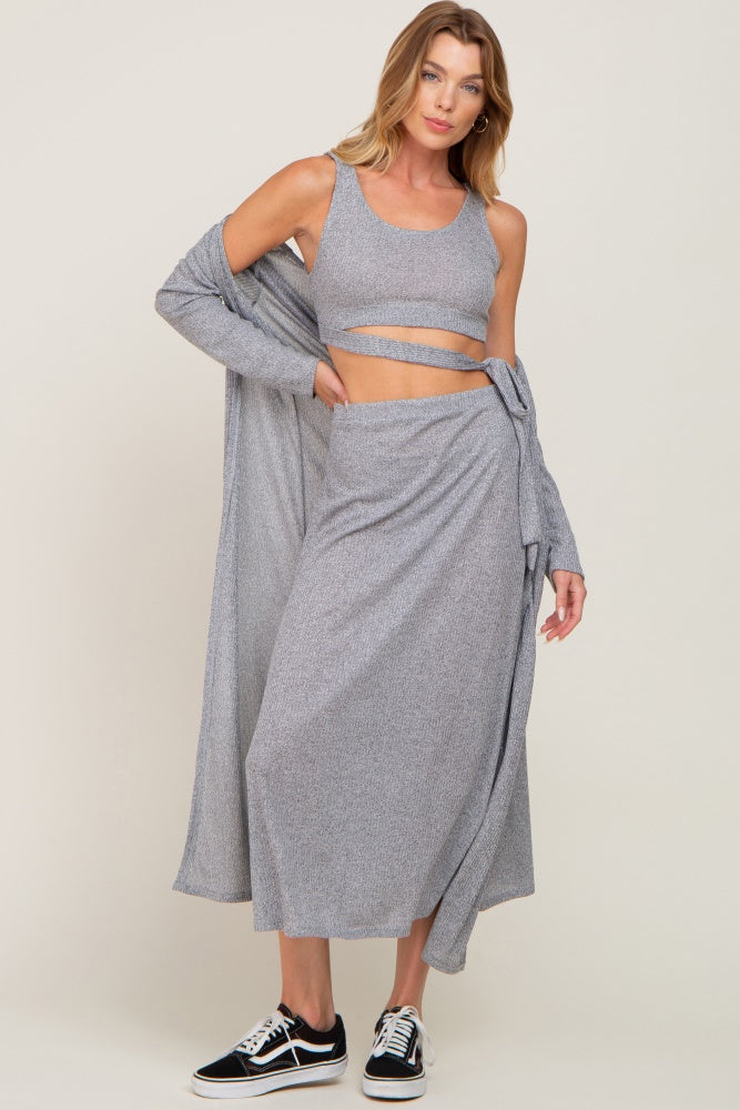 Navy Heather 3-Piece Skirt and Cardigan Maternity Set