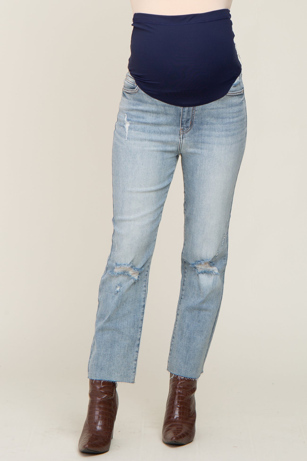 Light Blue Distressed Knee Straight Maternity Jeans