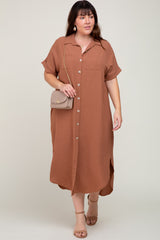Mocha Button Down Hi Low Maternity Plus Maxi Dress